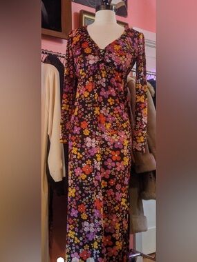 Vintage 1970s Floral Long-Sleeve Maxi Dress in Brown with Pink & Yellow Flowers